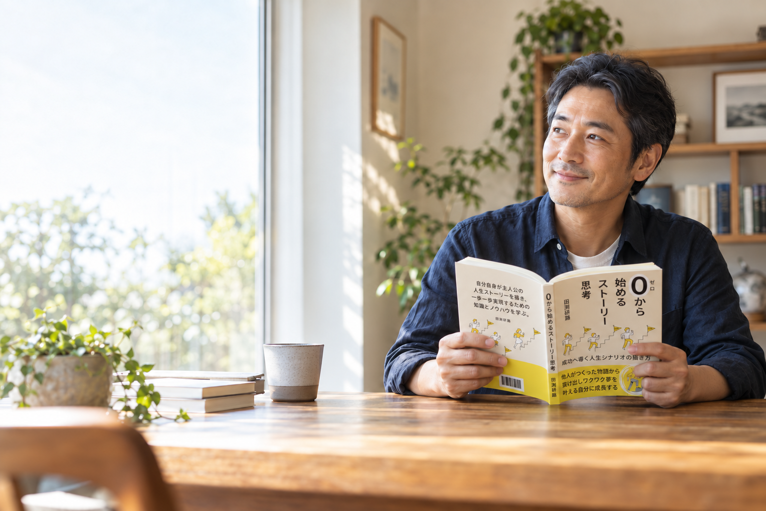本を読み、前向きな気づきを得た男性のイメージ