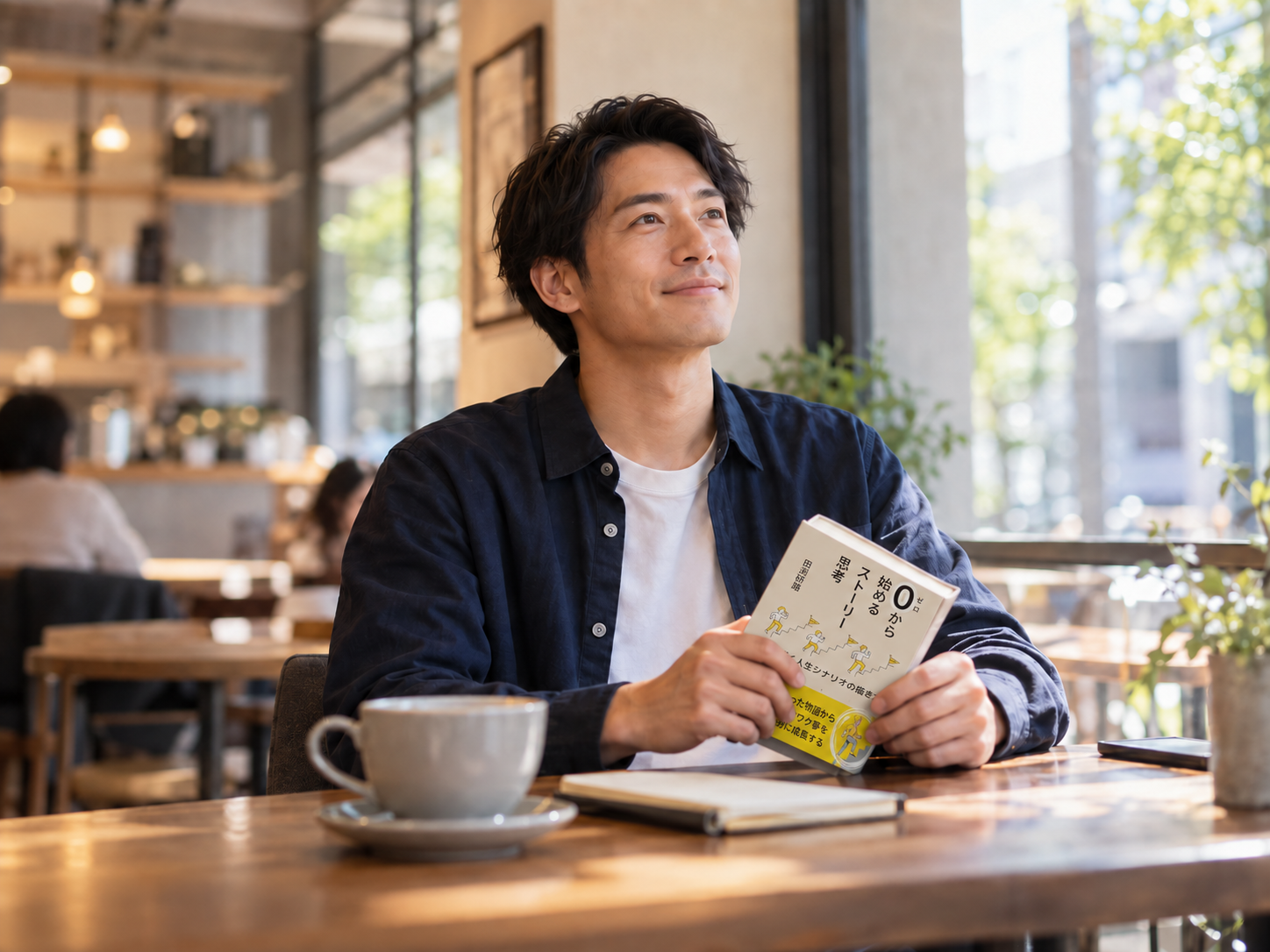 読後に行動への意欲を感じている男性のイメージ